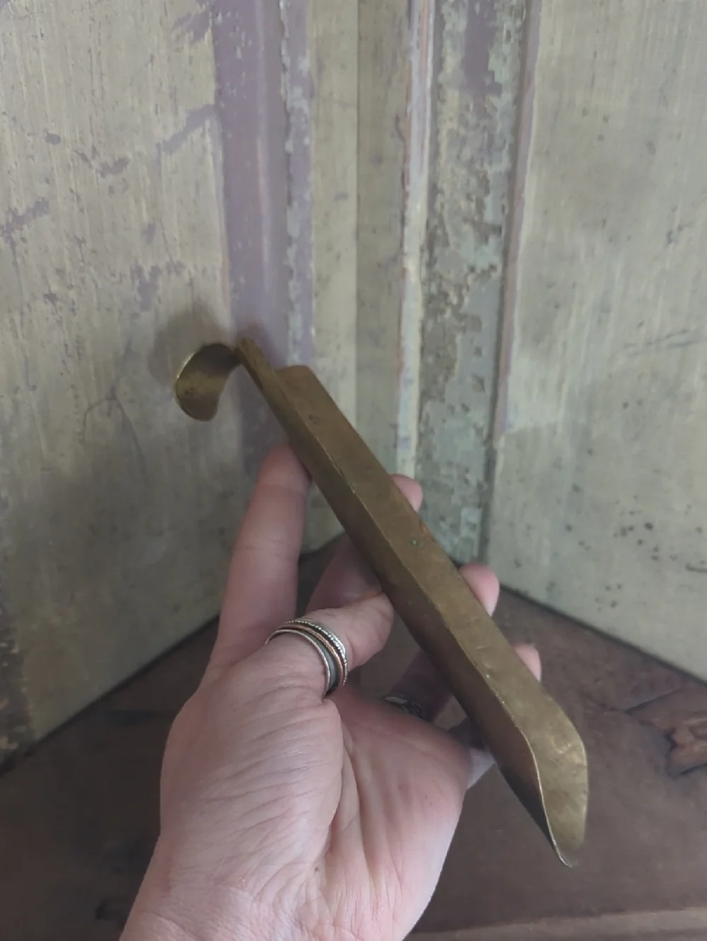 Antique Brass Shoehorn With Curved Handle and Patina 1800s Vintage